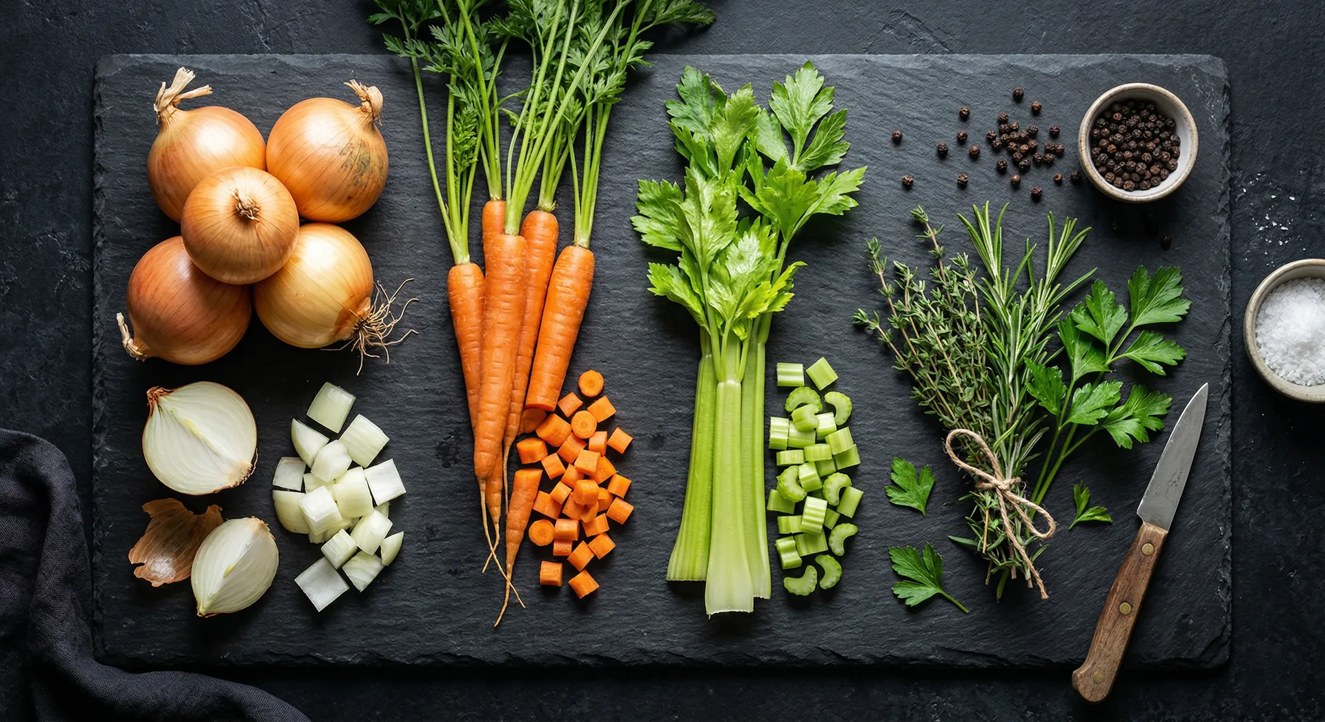 Mirepoix vegetables arranged on a dark slate board